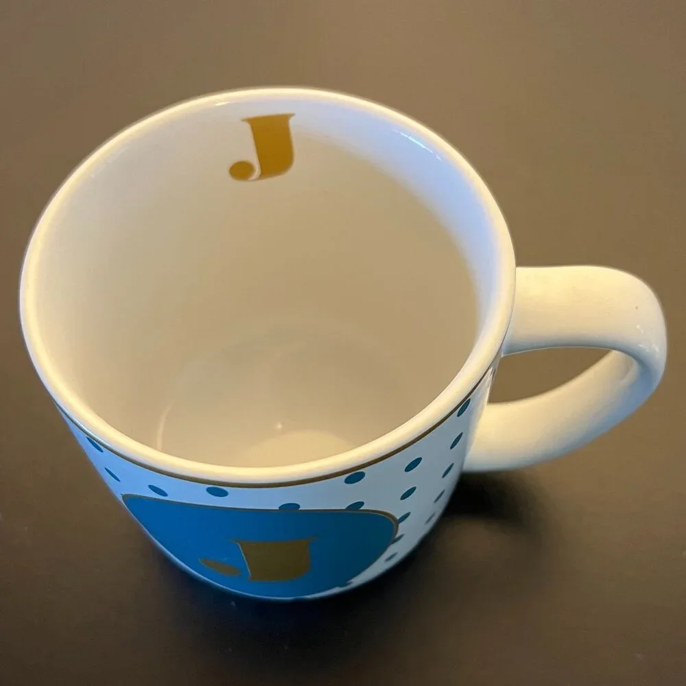 Letter J Monogram Initial Stoneware Mug ~ Teal Polka Dots & Metallic Gold Accent